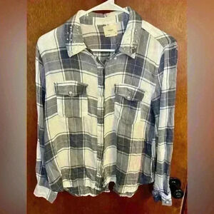 Francesca’s Harper plaid and pearl top